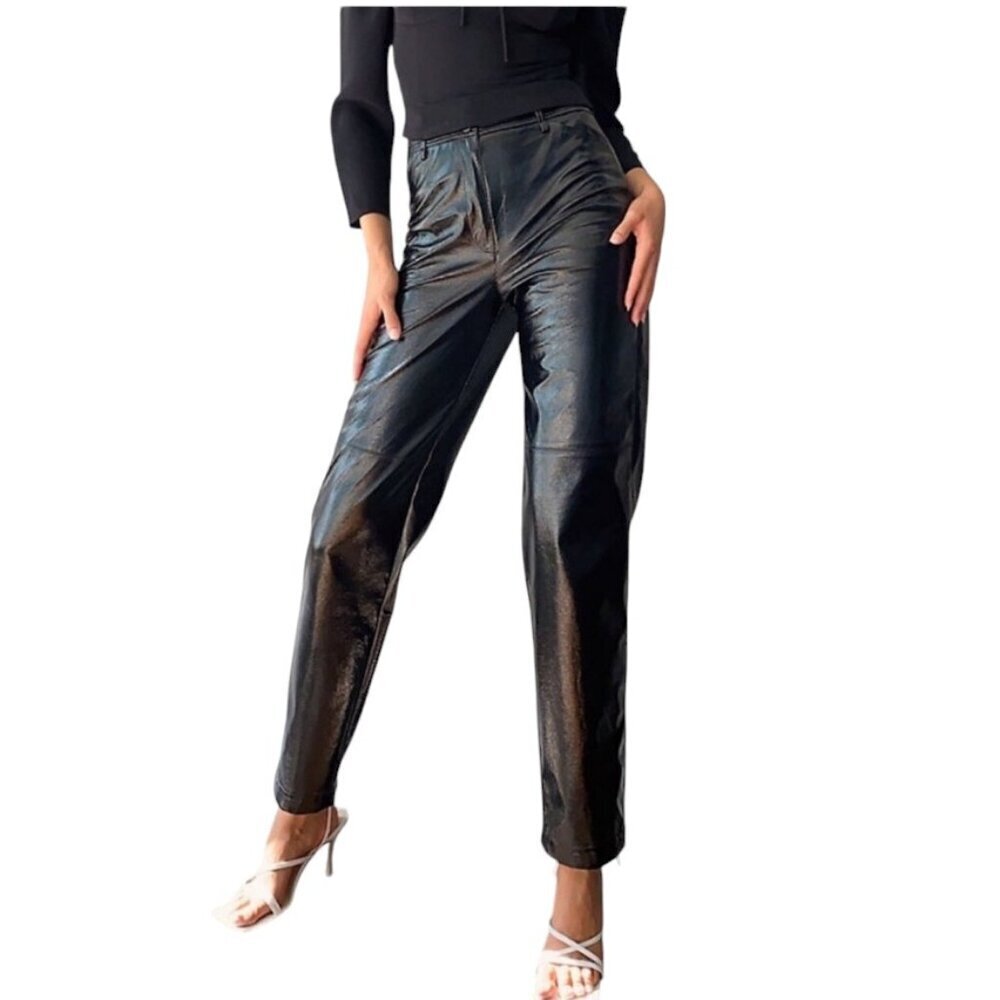 Aritzia Wilfred Funk Pant, Black, High Rise, Straight Leg, Shiney Wet Look, 4